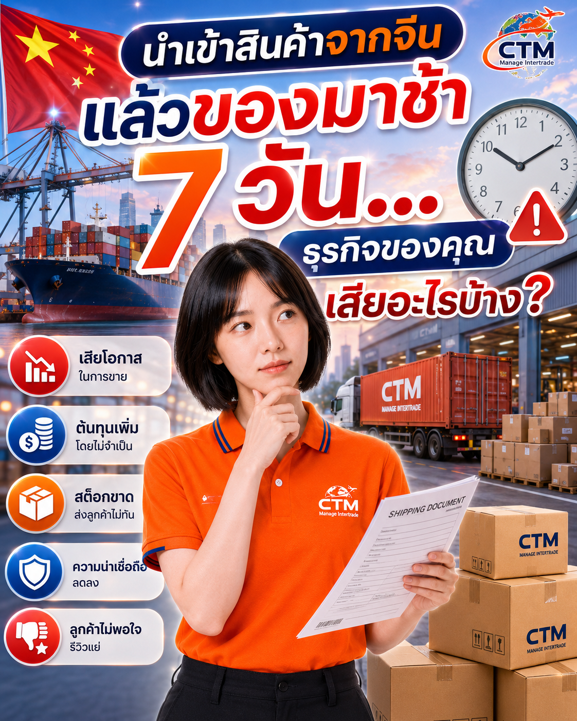 นำเข้าสินค้าจากจีน แล้วของมาช้า 7 วัน...ธุรกิจของคุณเสียอะไรบ้าง? เปิดผลกระทบที่ผู้นำเข้าต้องรู้ พร้อมวิธีป้องกัน